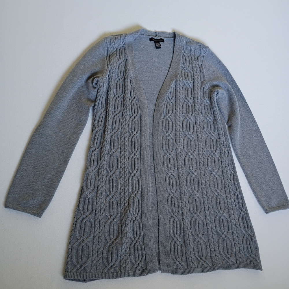 Carolyn Taylor Gray Neutral Cable Knit Cardigan Open Front Long Sleeve Sweater L